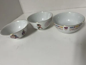 3 China Miso Soup Bowls Children Playing Ping Pong Border Pattern Lucky Boys Tea - Picture 1 of 11