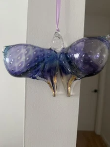 SIGNED LG ART GLASS BUTTERFLY PURPLE BLUE GOLD 8.5” W 5.5” L GLASSBLOWER VERMONT - Picture 1 of 10