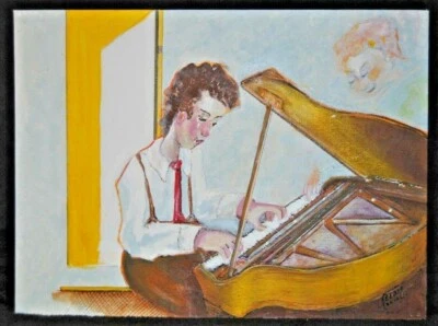 LIKE THIS SON Original Acrílico sobre Lienzo Niño Joven Piano Mamá en el Cielo 12" por 16" Foto 1 de 4