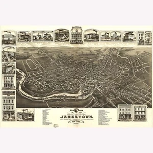 Jamestown Nueva York; condado de Chautauqua; antiguo mapa pictórico o ojo de pájaro, 1882 - Imagen 1 de 11
