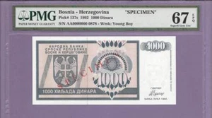 Bosnia-Herzegovina 1992 1000 Dinara "SPECIMEN" TOP POP SINGLE HIGHEST GRADED - Picture 1 of 1