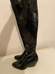 Topshop Black Bamboo Ladies Knee High Patent Block Heel Boots, Size 6, RRP £85 - Picture 1 of 24