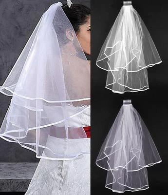 Wedding Bridal Veil Satin Edge With Comb Elbow Elegant Cathedral White Ivory 2T - Image 1 of 4