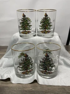 Set of 4 vintage Spode Christmas Tree Gold Rim Double Old Fashioned Glasses - Picture 1 of 5