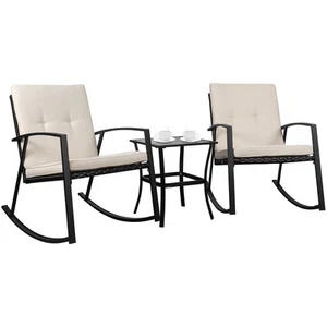 3 Pieces Rocking Bistro Set Wicker Patio Outdoor Furniture, 2 Rattan Porch Ch... - Picture 1 of 7