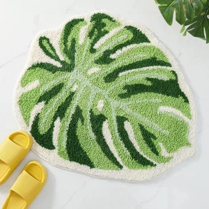 Green Leaf Bath Mat for Bathroom, Cute Non Slip Monstera Shaped Plush Tufted ... - Picture 1 of 6
