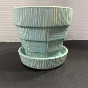 Vintage McCoy Pottery Basket Weave Flowerpot Planter Saucer 5”  Turquoise Blue - Picture 1 of 5