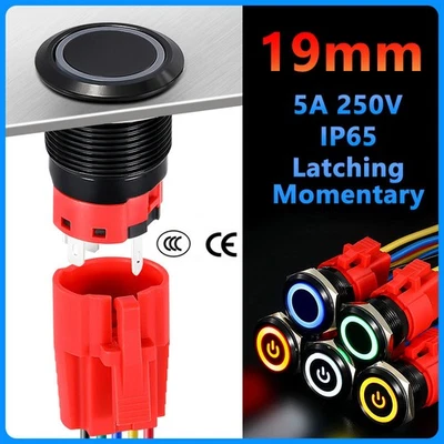 19mm Metal Push Button Switch Latching Momentary 3V-220V On/Off LED 6 Colours - Image 1 of 4