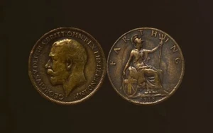 1913 GREAT BRITAIN KING GEORGE V BRONZE ONE FARTHING COIN (FM317) - Picture 1 of 3