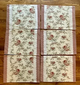 French Country Placemats Floral Lace Trim Stripe Edge Romantic Red Beige Set 6 - Picture 1 of 7