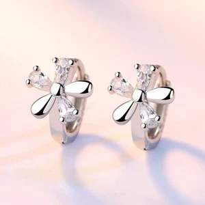 925 Sterling Silver CZ Crystal Flower Hoop Huggie Earrings Women Girls Gift UK - Picture 1 of 10