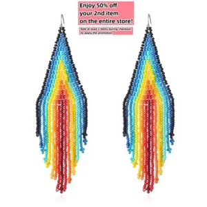 BOHO Seeds Beaded Earrings Rainbow Tassel Bohemian Dangle Drop Handmade Jewelry - Picture 1 of 6