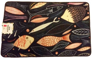JUMBO PRINTED NYLON KITCHEN RUG (nonskid back) (20" x 32"), FISH ON DARK BLUE AM - Picture 1 of 7
