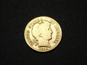 VECCHIA MONETA ARGENTO USA 1914 BARBIERE DIME PLACCATA ORO - Foto 1 di 8