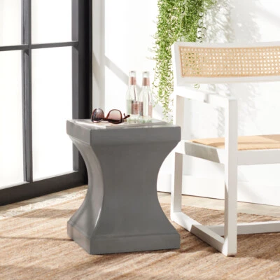SAFAVIEH Outdoor Collection Curby Concrete Accent Stool | Dark Grey | - Image 1 of 4