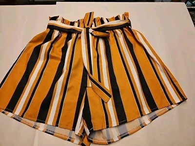 Бумажный мешок шорты женщин средний горчицы черный в полоску галстук ремень эластичный пояс 27» - Изображение 1 из 3