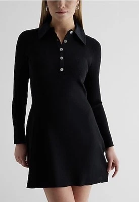 EXPRESS BLACK Ribbed BUTTON SWEATER Bandage Skater DRESS LBD OFFICE WORK Large - Image 1 of 4