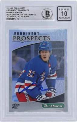 Tarjeta de novato firmada por Adam Fox Rangers 2019-20 Upper Deck Parkhurst #PP-14 BAS 10 Foto 1 de 3