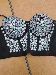 Bejeweled Bustier Corset Top Bra Rhinestone Embellished Size Large Club Madonna - Picture 1 of 3