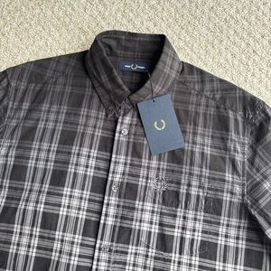 BNWT Fred Perry Tartan Shirt Short Sleeve Gradient Black Grey Mens Size Medium - Picture 1 of 16
