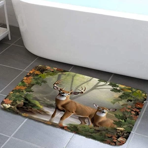 Camo Hunting Bath Mat, White-Tailed Deer in The Foggy Forest Non-Slip Bathroo... - Picture 1 of 6