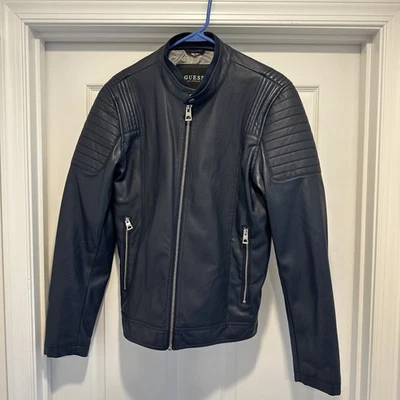 Guess Men’s Faux Leather Moto Jacket Navy Quilted Biker Style Sz S 117AU715 - Image 1 of 4