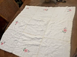 Vintage Tablecloth Handmade Embroidered Floral 42" x 32" Farm Fresh Cottage Core - Picture 1 of 12