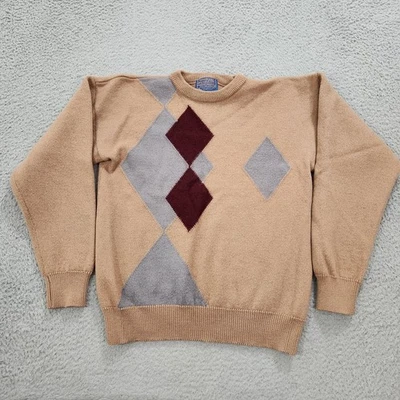 Suéter masculino vintage pendleton bege médio diamante tradicional lã gola redonda - Imagem 1 de 4