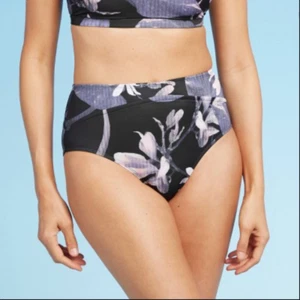 Women's XL High Waist Medium Coverage Black Floral Bikini Swim Bottom NWT - Picture 1 of 1