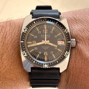 Cauny Submarine 210M Vintage Skin Diver Watch Black Dial Date Cauny Prima Swiss - Picture 1 of 18