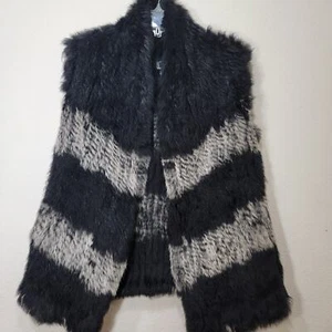 Love Token Rabbit Fur Vest S Black White Gray Hooks Furry Striped Chevron - Picture 1 of 8