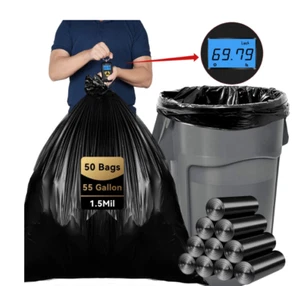 Plastics Black Trash Garbage Bag 55 Gallon 3 Mil (50 Bag) - Picture 1 of 8