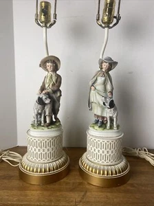 Vintage 29” 3 Way Table Lamps Boy and Girl Figures with Dog - Picture 1 of 19