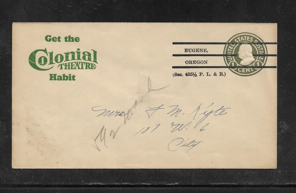 US Precancel Envelope: OR Eugene 1b1 A 1 27; Used (Colonial Theatre) - Image 1 of 1