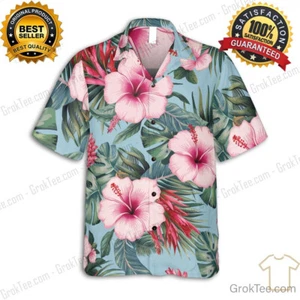 Camicia hawaiana azzurra con ibisco e foglie di palma, abbigliamento da spiaggia tropicale Aloha - Foto 1 di 7