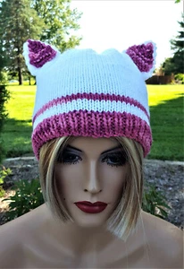 White and Pink Knitted Cat Hat Handknitted - Picture 1 of 6