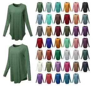 Premium Solid Long Sleeve Round Hem Crew Neck Top Shirt - Picture 1 of 36