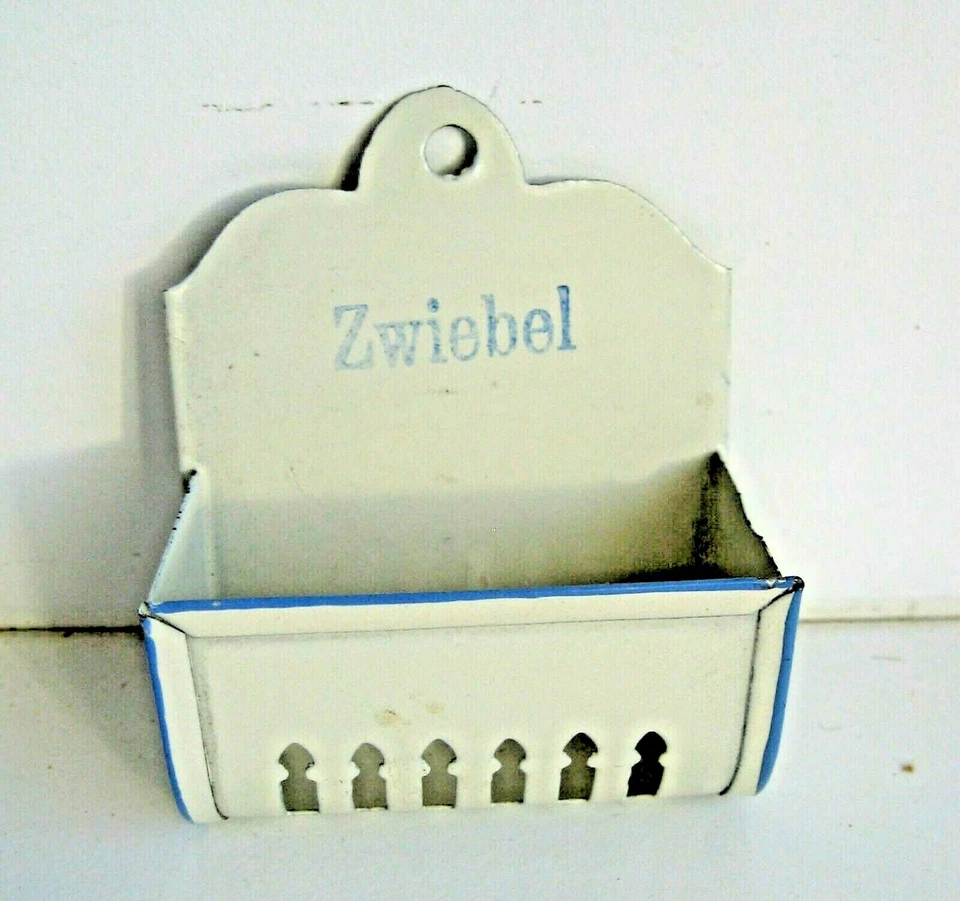 Antigua tienda de cocina miniatura azul blanco pared lata cebolla cebolla Foto 1 de 1