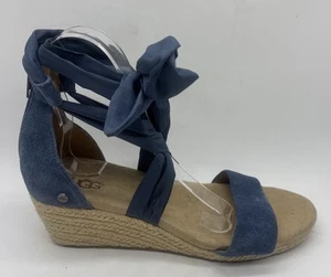 UGG Trina Espadrille Sandals Desert Blue Leather Suede Ribbon Tie Wedge Size 7.5 - Picture 1 of 9