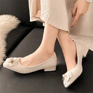 Women's Square Toe Block Heels Pumps Floral Decor Comfort Slip On Work Shoes - Picture 1 of 22
