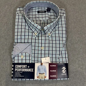 IZOD Men's Long Sleeve Button Down Comfort Performance XL Blue + White Plaid NWT - Picture 1 of 9