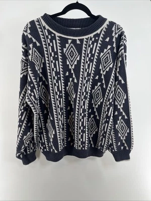 Suéter Vintage JJ Cochran Suroeste Azteca Azul 100% Algodón Cuello Redondo EE. UU. Talla M Foto 1 de 4