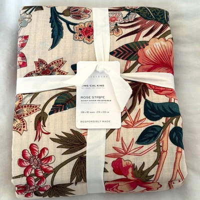 Pottery Barn Duvet Cover Rose Floral Stripe Reversible King California King NEW - Image 1 of 4