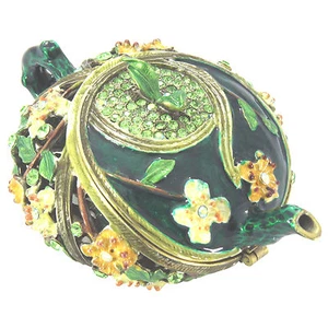 Fern Green Floral Tea Pot Trinket Box Enameled Figurine with Swarovski Crystal - Picture 1 of 3