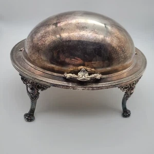 Antico Eton Silverplate servizio a cupola girevole inserto vetro piedi artiglio ornato - Foto 1 di 19