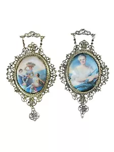 2 Vtg Victorian Romantic Art Gold Plate Ornate Print On Silk Wall Frames 7.5”x4” - Picture 1 of 8