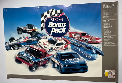 1988 STROH BONUS PACK Motorsports Poster 26.5x17.25” Off-Road Stock Cars Boats Cover