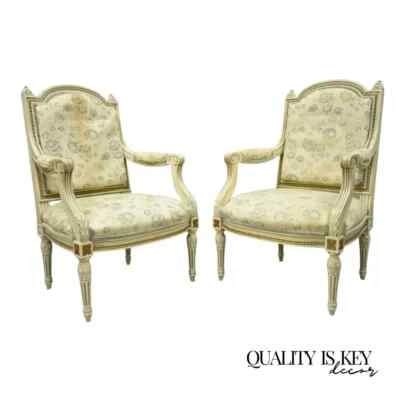 Vintage French Louis XVI Style Cream Painted Gold Gilt Lounge Arm Chairs - Pair - Image 1 of 4