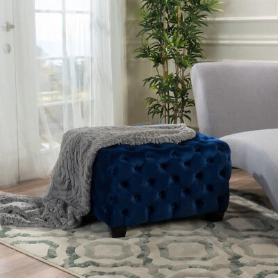 29" Square Ottoman Velvet Upholstered Button Tufted Footrest Living Room Navy US - Image 1 of 4