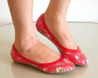 Nuevo Zapato sin cordones plano bailarina para mujer estampado de flores lentejuelas rojo bambú 6 7 8 9 10 Foto 1 de 3